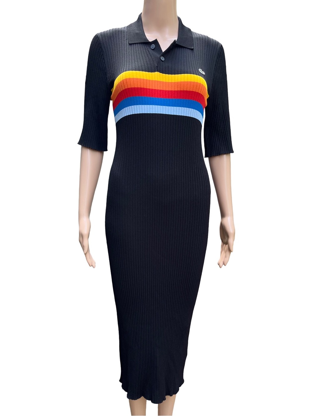 Lacoste Black Rainbow Stripe Knit Polo Midi Dress S